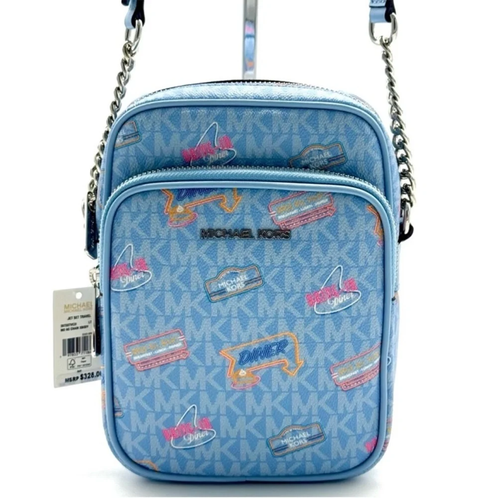 Michael Kors Jet Set Medium Printed Signature Logo Crossbody Bag Light Sky Blue